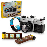 LEGO cámara retro frontal mostrando botones y lente, inspira juego creativo