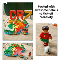 LEGO Cristiano Ronaldo minifigure posed mid-kick, clear player likeness