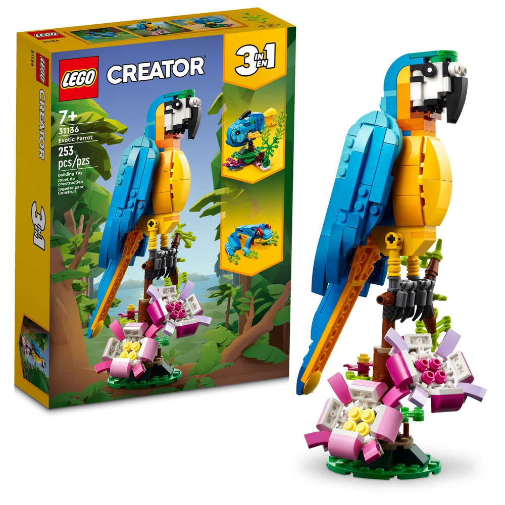 LEGO loro exótico frontal mostrando colores vibrantes y posibilidades de juego