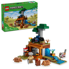 LEGO Minecraft vista frontal del set con mina y paisaje, inspira juego creativo