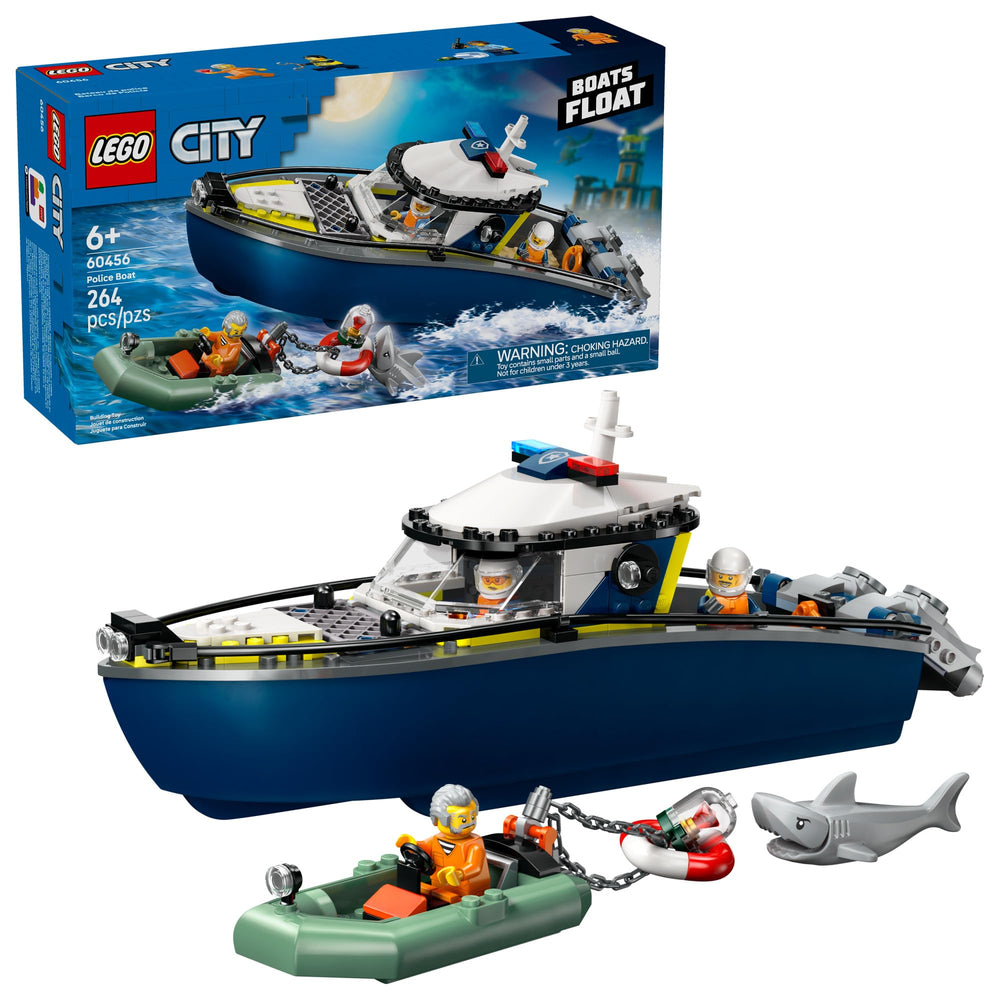 LEGO patrullero frontal mostrando doble motor y presencia imponente para juego acuático