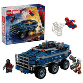 LEGO Spider-Man 76349 vista frontal del paquete y vehículo listo para jugar