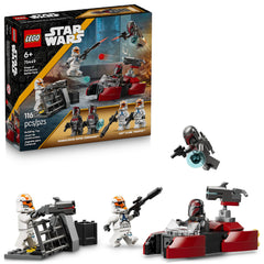 LEGO speeder 75449 frontal del paquete mostrando piezas y minifiguras, diversión inmediata