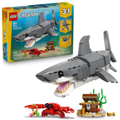 LEGO tiburón vista frontal mostrando diseño posable y atractivo decorativo
