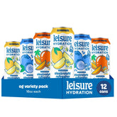 Leisure frente del empaque variedad mostrando las 12 latas y beneficios