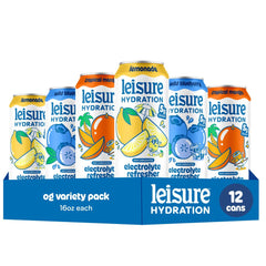 Leisure frente del empaque variedad mostrando las 12 latas y beneficios