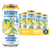 Leisure limonada frontal pack mostrando las 12 latas y beneficio de conveniencia