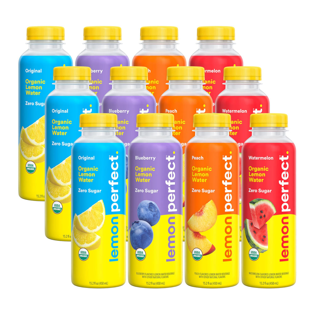 Lemon Perfect pack frontal de 12 botellas mostrando la variedad y conveniencia