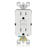 Leviton tomacorriente GFCI frontal blanco mostrando diseño y seguridad