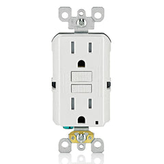 Leviton tomacorriente GFCI frontal blanco mostrando diseño y seguridad