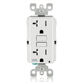 Leviton vista frontal del receptáculo GFCI mostrando tomas y botones, seguridad instantánea