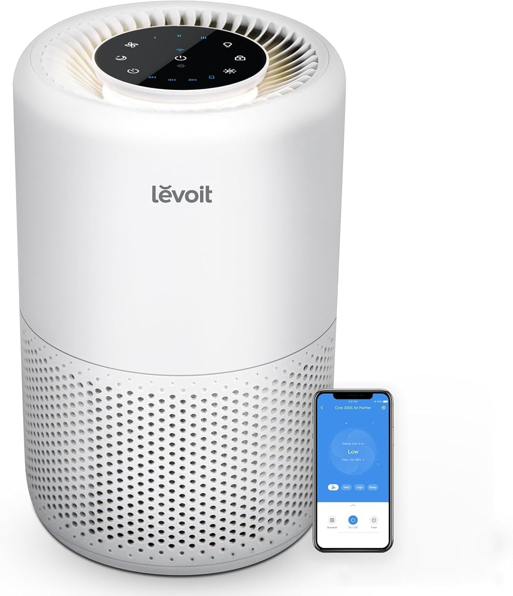 Levoit vista frontal del purificador mostrando diseño compacto y control fácil