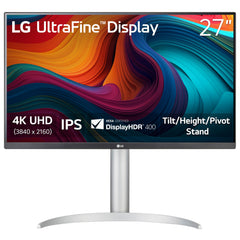 LG monitor frontal 27UP650K-W mostrando pantalla 4K y diseño elegante