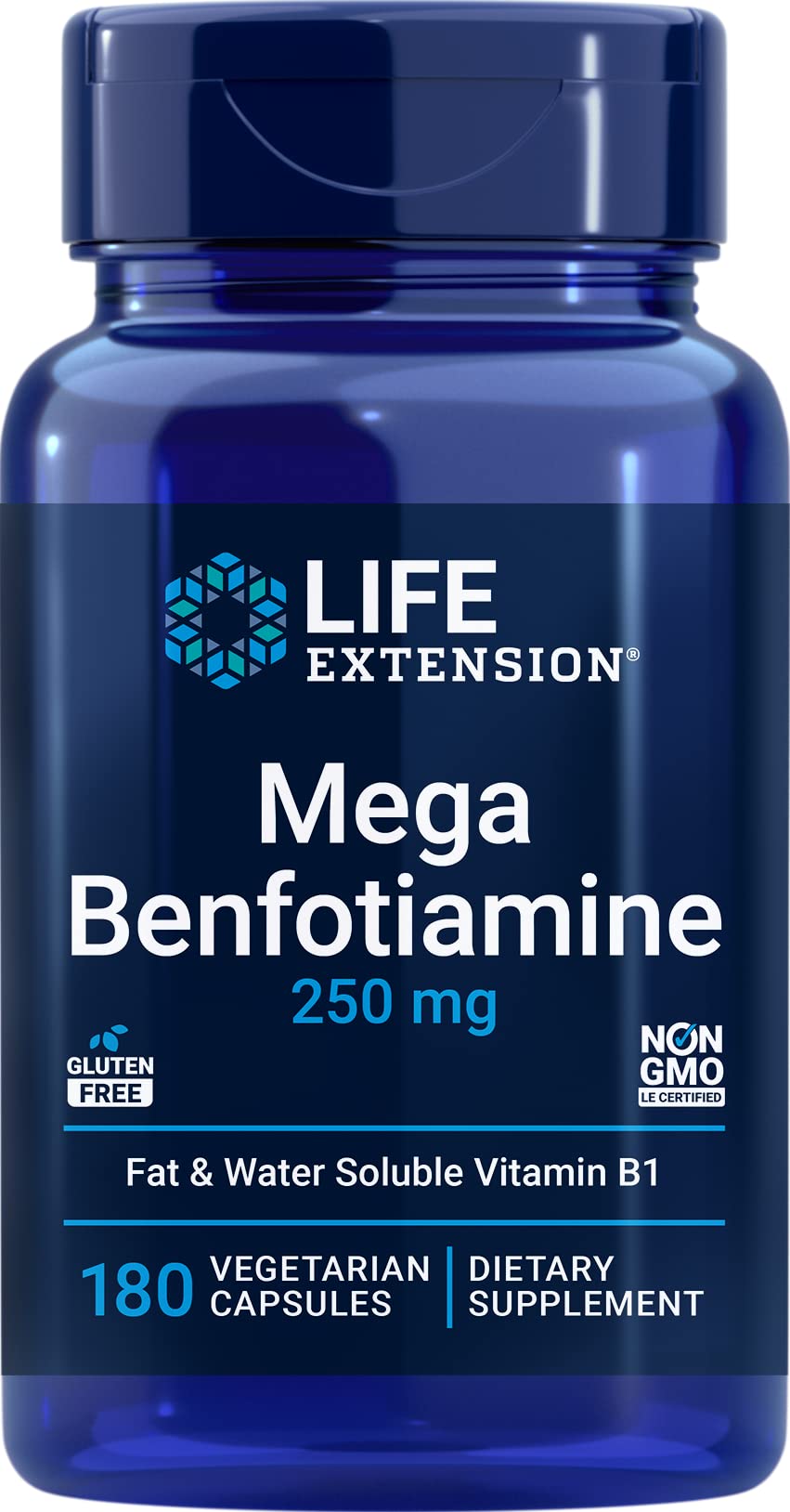 Life Extension frasco delantero mostrando 180 cápsulas y dosificación clara