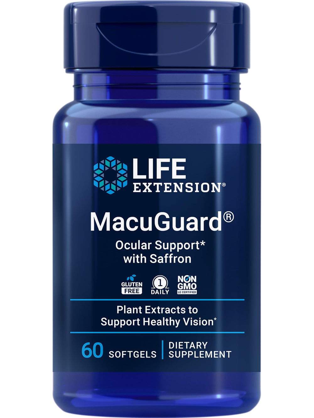 Life Extension frasco MacuGuard frontal mostrando diseño y cantidad