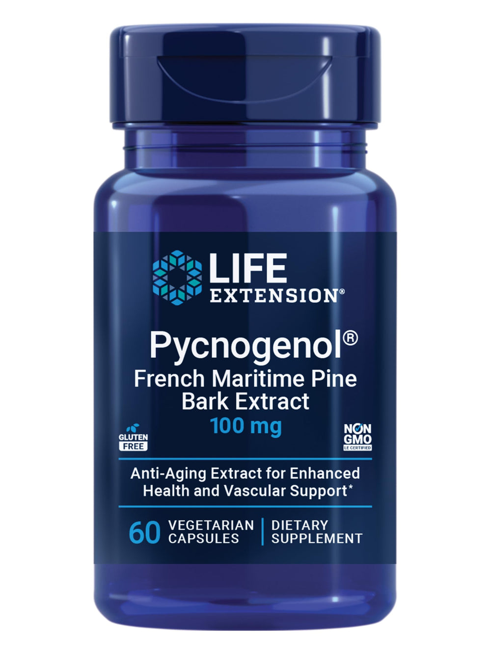 Life Extension frasco frontal del Pycnogenol mostrando la etiqueta y beneficio circulatorio