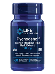 Life Extension frasco frontal del Pycnogenol mostrando la etiqueta y beneficio circulatorio
