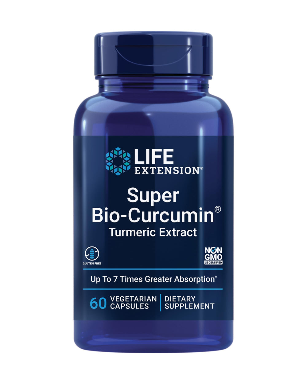 Life Extension frasco frontal del suplemento Super Bio-Curcumin mostrando etiqueta clara y beneficios