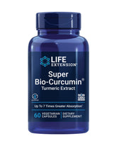 Life Extension frasco frontal del suplemento Super Bio-Curcumin mostrando etiqueta clara y beneficios