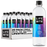 LIFEWTR frontal del pack de 20 botellas mostrando diseño y reciclaje