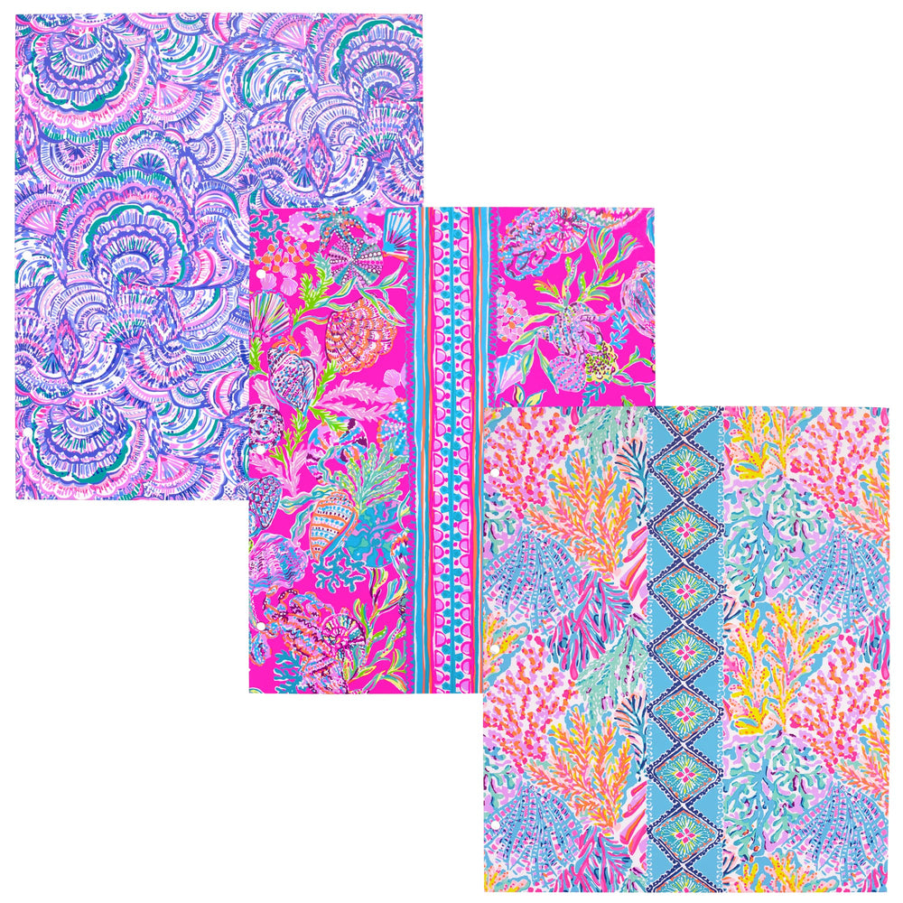 Lilly Pulitzer vista frontal del pack de 3 carpetas con diseños vibrantes y protección práctica