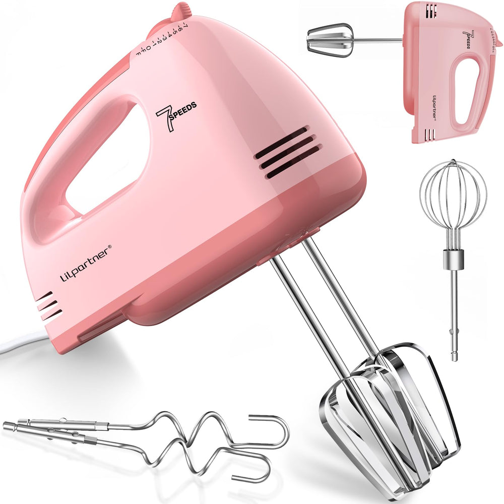 LILPARTNER vista frontal del mezclador rosa, diseño compacto y elegante