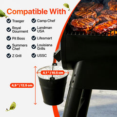Linda's Essentials cubo colocado en parrilla pellet demostrando compatibilidad y orden