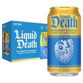 Liquid Death lata frontal mostrando diseño y sabor arándano beneficios refrescante