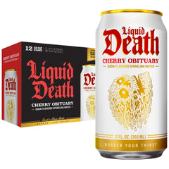 Liquid Death lata frontal mostrando diseño y sabor cereza como alternativa baja en azúcar