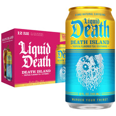 Liquid Death lata frontal con diseño tropical y beneficio sabor intenso