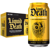 Liquid Death lata frontal Mango Chainsaw mostrando diseño y sabor intenso