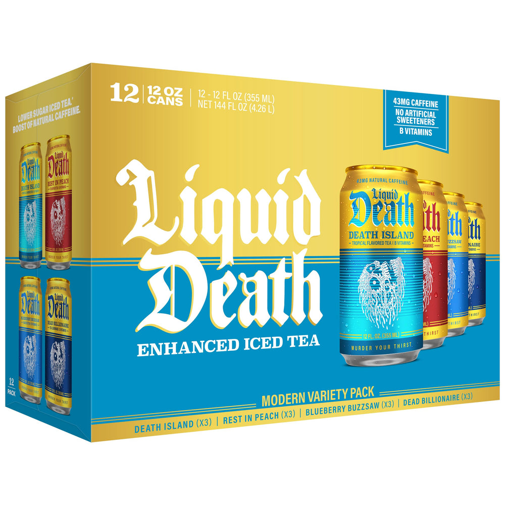 Liquid Death frente del empaque mostrando las cuatro latas y variedad