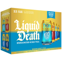 Liquid Death frente del empaque mostrando las cuatro latas y variedad