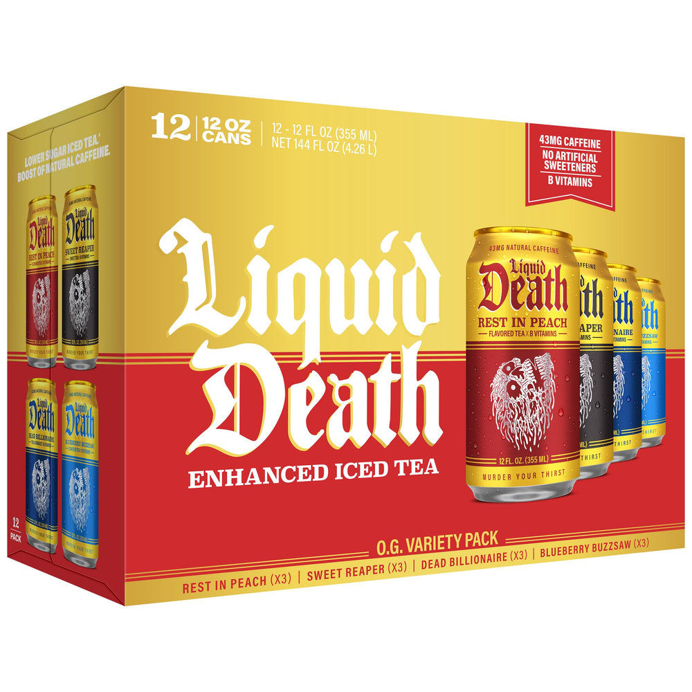 Liquid Death lata frontal mostrando diseño y menor azúcar
