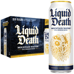Liquid Death lata frontal mostrando el diseño y conservación fría