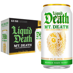 Liquid Death lata fronta mostrando el pack de 12 y atractivo visual