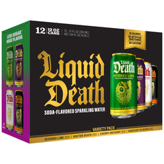 Liquid Death pack frontal mostrando las cuatro latas, ideal para variedad instantánea