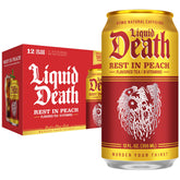 Liquid Death lata frente mostrando diseño y sabor durazno, aspecto refrescante