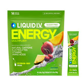 Liquid I.V. empaque frontal Fruit Punch mostrando la caja y su beneficio de energía sin azúcar