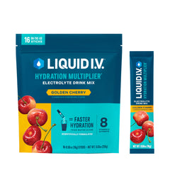 Liquid I.V. front packet showing Golden Cherry flavor and quick hydration benefits