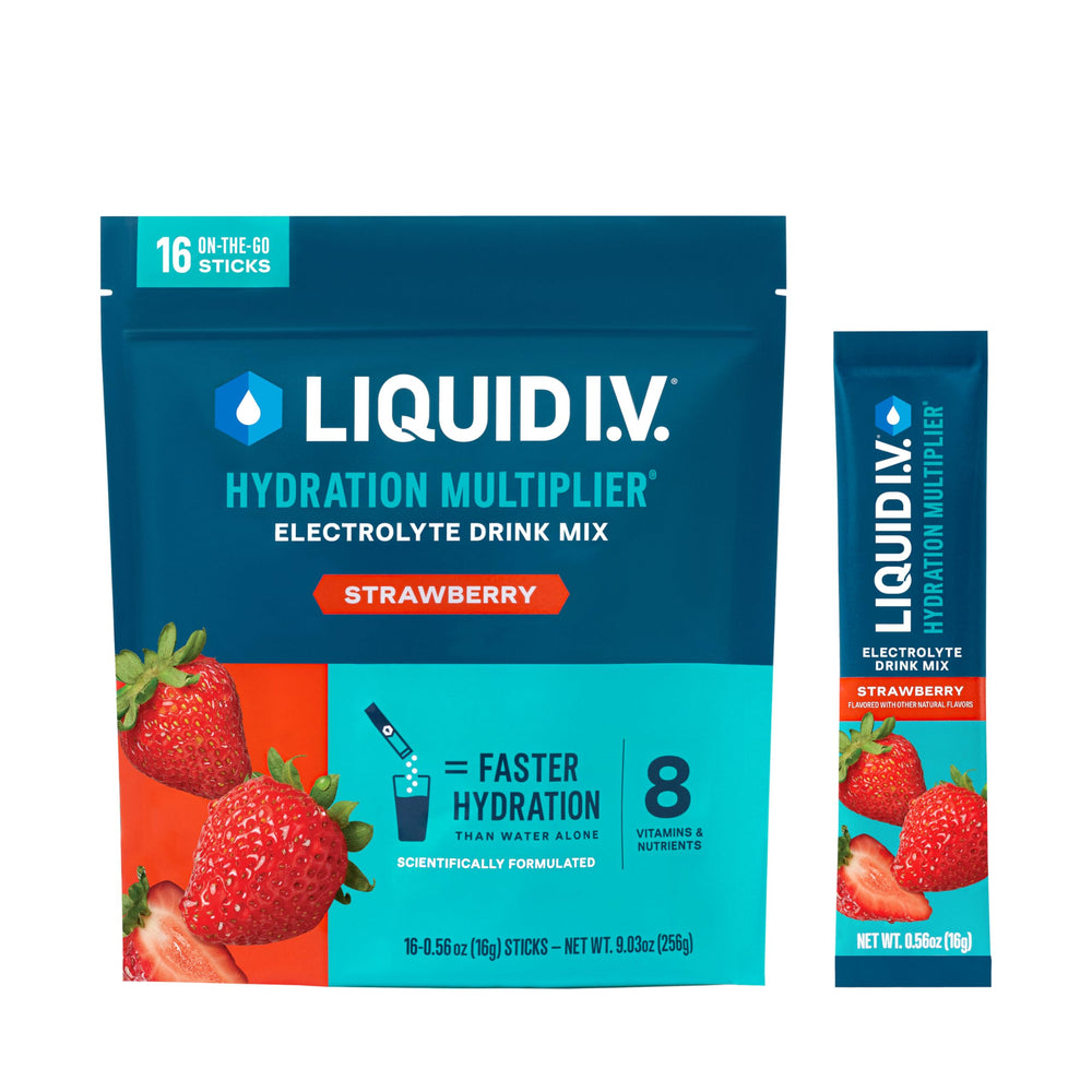 Liquid I.V. front packaging showing 16-count box and bright strawberry benefit