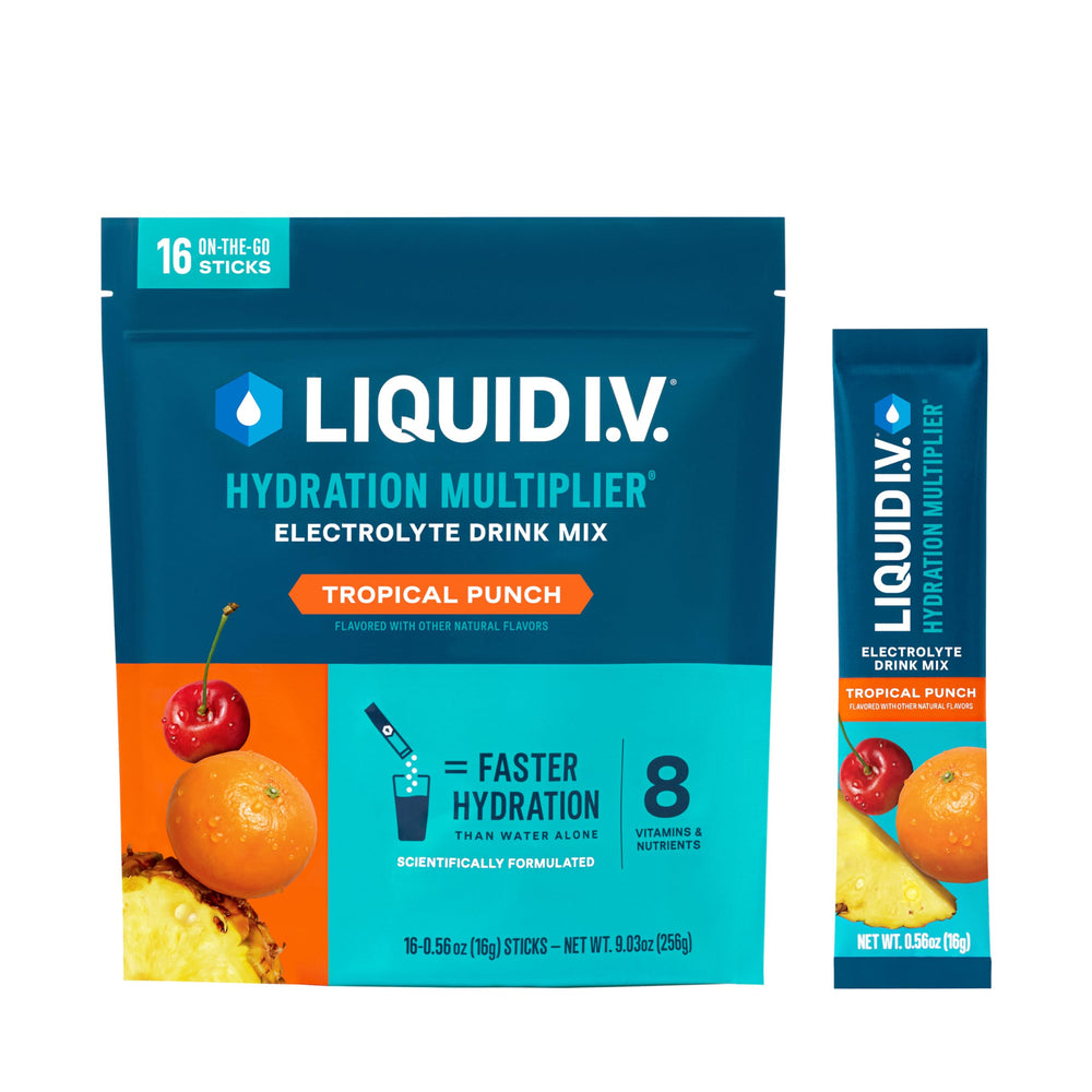Liquid I.V. front pouch showing Tropical Punch flavor and hydration benefits