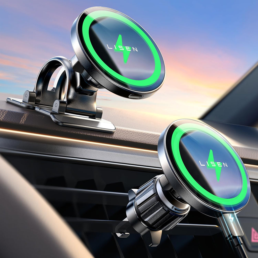 LISEN vista frontal del soporte de coche con carga magnética, sujeción estable