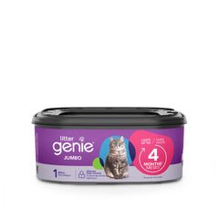 Litter Genie frente del empaque mostrando recambio Jumbo y beneficio antiolor