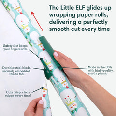 Little ELF en uso cortando papel de regalo, acelera el embalaje