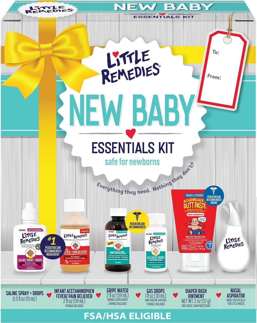 Little Remedies front packaging showing full 6-in-1 newborn kit and contents benefit: clear organization