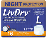LivDry empaque frontal mostrando 16 unidades y ventaja nocturna