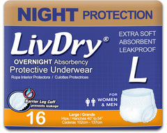 LivDry empaque frontal mostrando 16 unidades y ventaja nocturna