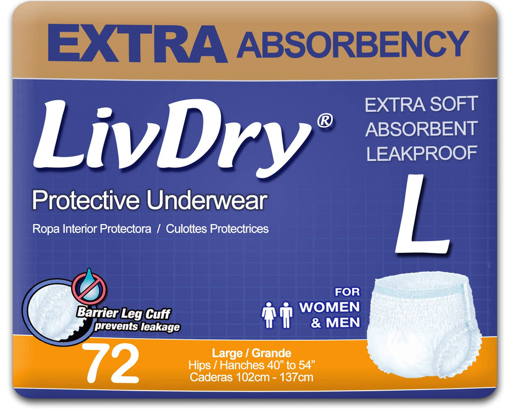 LivDry empaque frontal del paquete de 72 unidades mostrando talla Large y beneficios visibles