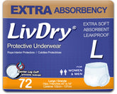 LivDry empaque frontal del paquete de 72 unidades mostrando talla Large y beneficios visibles